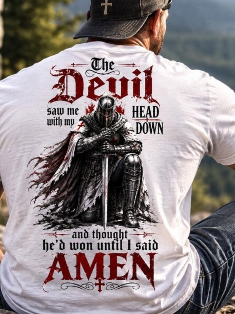 Christian Knight T-Shirt, Medieval Faith Graphic, Devil Saw Me Head Down Tee